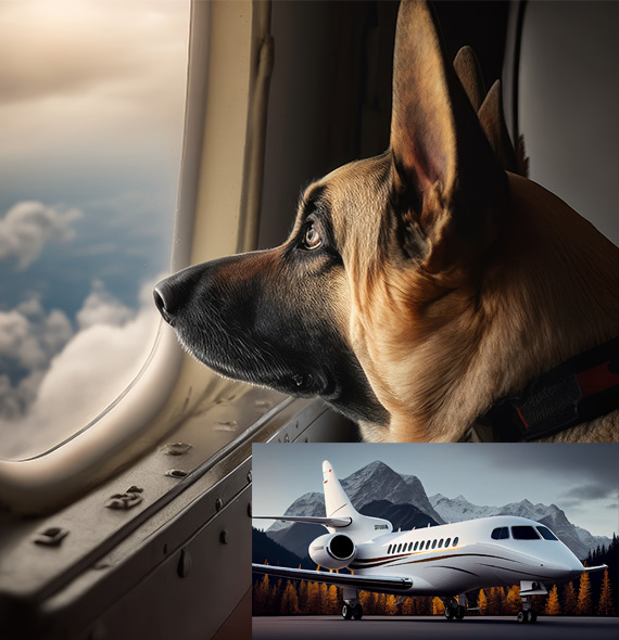 German sheperd looking out private pet charter plane